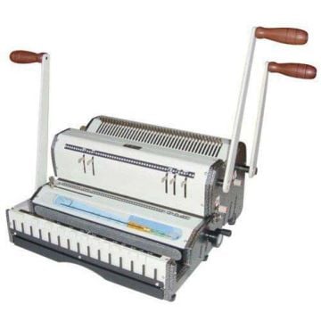 The Akiles DuoMac 531 5:1 Coil and 3:1 Wire Binding Machine, featuring dual handles and a durable metal construction designed for professional binding tasks.