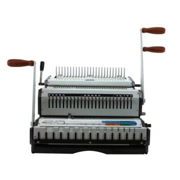 The Akiles DuoMac C31 Plastic Comb and 3:1 Wire Binding Machine, showing its dual-handled design and binding mechanisms.