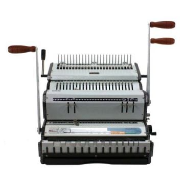 An Akiles DuoMac C41 Plastic Comb and 4:1 Coil Binding Machine with dual handles and a metal design for manual bookbinding.