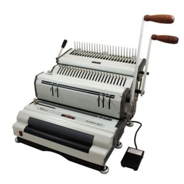 The Akiles DuoMac C41ECI 4:1 Coil Binding Machine featuring dual handles and a foot pedal for efficient coil binding operations.