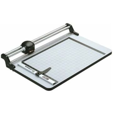 An Akiles Roll @ Blade 1815 18" Rotary Trimmer with a grid cutting mat and dual-rail guide for precise paper trimming.