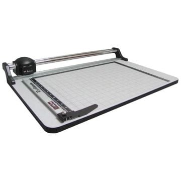 Top view of the Akiles Roll @ Blade 3615 36" Rotary Trimmer with a grid cutting surface and precision alignment guide.
