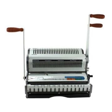 Front view of the Akiles WireMac-Duo Combo Wire Binding Machine with two wooden handles and a metal wire punch mechanism, designed for professional wire binding tasks.