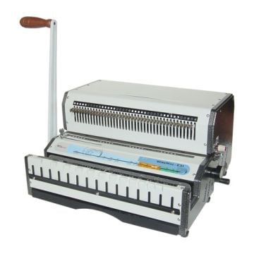 The Akiles WireMac E 3:1 Electric Wire Binding Machine, featuring a sturdy metal design with a wooden handle, used for efficiently binding documents with wire spines.