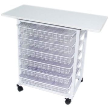 A mobile Binding System Workstation with five transparent storage drawers and a flat, extendable work surface on top.