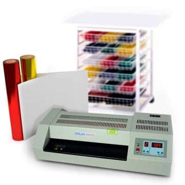 Akiles ProLam Professional Foil Laminator Starter Kit with 2 Foil Colors and Pouch Carrier, featuring a high-quality laminator, vibrant foil rolls, and a pouch carrier for professional finishing.