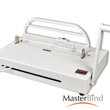 The Masterbind Atlas 190 Metal Bind Finisher with Debinding Blade, featuring a sleek white design with a manual lever and precision measuring guide for professional document binding.