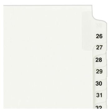 Close-up view of Avery 26-50 White Legal 11" x 8.5" Avery Style Collated Dividers, showcasing numbered tabs for easy document organization.