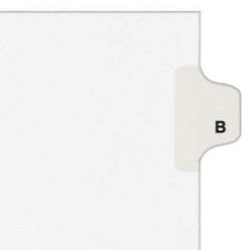 Close-up view of the tab labeled "B" on an Avery B Individual Legal Index Avery Style Dividers sheet, designed for easy document categorization.