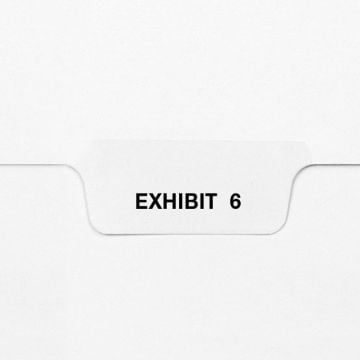 A white file divider with a bottom tab labeled "EXHIBIT 6 - Avery Style Letter Size Bottom Tab Legal Indexes.