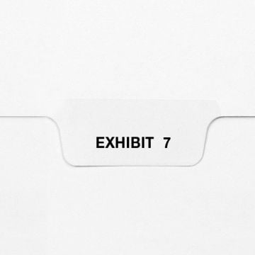 A close-up view of EXHIBIT 7 - Avery Style Letter Size Bottom Tab Legal Indexes, featuring a white tab with bold black text, designed for organizing and labeling legal documents efficiently.