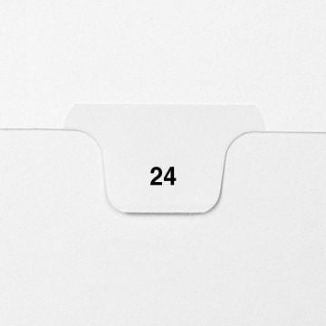 Close-up of a white tab with the number '24' in bold, designed in the style of Avery single-number letter-size bottom tab legal indexes.