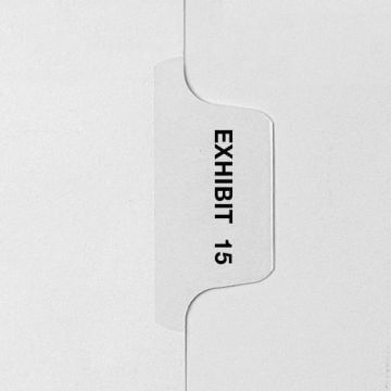 A close-up view of a white legal index tab labeled "EXHIBIT 15" in vertical black text, resembling EXHIBIT 15 - Avery Style Letter Size Side Tab Legal Indexes.