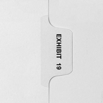 A close-up view of a white file divider tab labeled "EXHIBIT 19" in black text, featuring the Avery style letter size side tab for legal indexes.