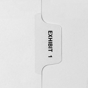 A close-up of an Avery Style Letter Size Exhibit 1-10 Individual Number Side Tab Legal Index labeled "EXHIBIT 1" in black text on a white tab divider.