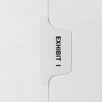 A close-up of a white side tab divider labeled 'EXHIBIT I' in bold text, designed in Avery style for letter-size legal indexes.