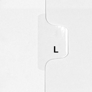 Close-up view of an 'L - Avery Style Letter Size Side Tab Legal Index,' featuring a white tab with a black 'L' label.