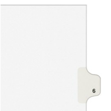 A white Avery 6 Individual Number Legal Index Avery Style Divider with a side tab labeled "6".