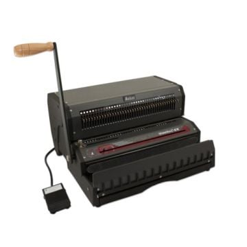 The Akiles WireMac-EX 3:1 Pitch Electric Wire Binding Machine with Wire Closer, featuring a black and metallic design with a wooden handle, a foot pedal, and an integrated wire closer for efficient binding tasks.
