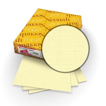 A close-up of Baronial Ivory 80lb Classic Linen Covers showing the textured surface and packaging from Neenah Paper.
