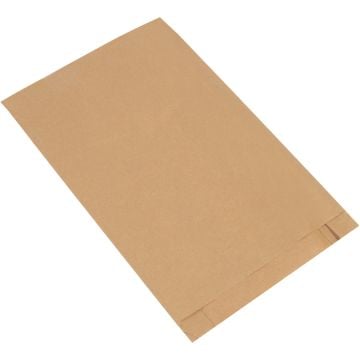A Kraft Gusseted Merchandise Bag is displayed lying flat, featuring a natural brown paper material, expandable side gussets for increased capacity, and a folded bottom for added strength and durability.