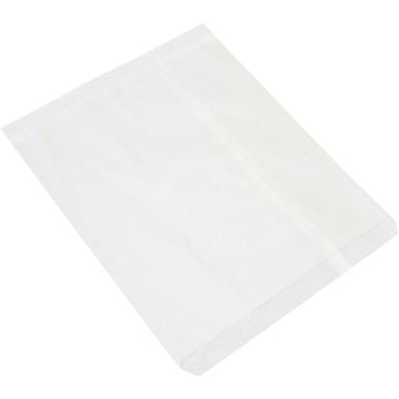 A White Flat Merchandise Bag is shown, featuring a crisp white paper-like material, with a flat, simple design and a sealed bottom for secure packaging of small items.