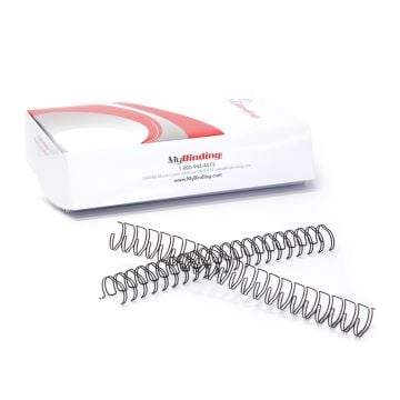 Shows a box of Black 2:1 Pitch Twin Loop Wire binding supplies from MyBinding, with two wire loops displayed in front of the packaging.