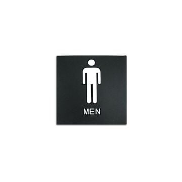 Black 8" x 8" Men Restroom ADA Sign with a white stick figure icon and bold text for accessibility compliance.