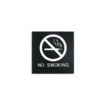 Black 8" x 8" No Smoking ADA Sign with a white smoking prohibition symbol and bold text on a dark background.
