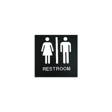 Black 8" x 8" Unisex Restroom ADA Sign featuring white male and female symbols with the word 'Restroom' below, designed for accessibility compliance.