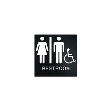 Black 8" x 8" Unisex Restroom Handicap Accessible ADA Sign featuring male, female, and wheelchair symbols on a black background.