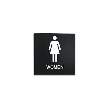 Black 8" x 8" Women Restroom ADA Sign with a white female figure and text for clear identification.