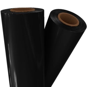 Two rolls of Black Pigment Laminating / Toner Fusing Foil with a glossy finish and cardboard cores.