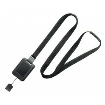 A black SlimReel System 3/8" Lanyard/Badge Reel Combination with an adjustable strap and a compact rectangular badge reel featuring a retractable cord.