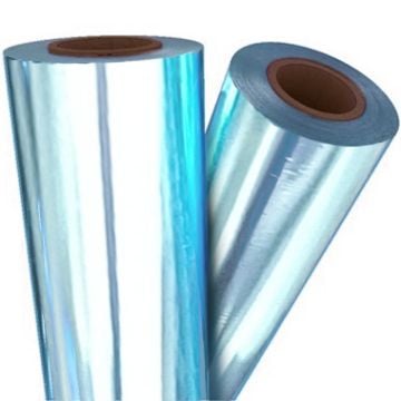 Two rolls of Light Blue Metallic Toner Fusing/Sleeking Foil - 3" Core, showcasing their reflective and glossy finish.