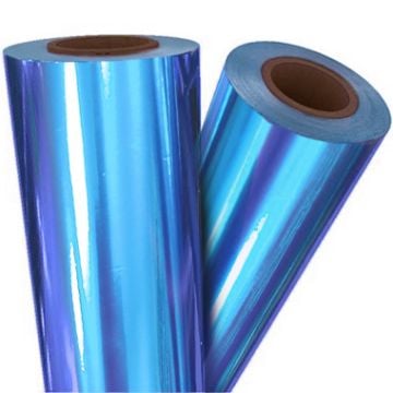 Rolls of Medium Blue Metallic Toner Fusing/Sleeking Foil - 3" Core, reflecting a glossy and vibrant blue finish.