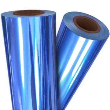 Two rolls of vibrant Blue Pigment Laminating / Toner Fusing Foil with a glossy finish, ideal for decorative and printing applications.