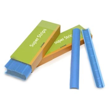 Two bright blue Bright Blue 11" Fastback Super Strips are displayed next to an open green and yellow packaging box with more strips inside.