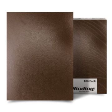 Brown Sedona 17pt Premium Leatherette Covers, showcasing their textured leather-like finish, with a pack of 100 covers partially visible in the background.