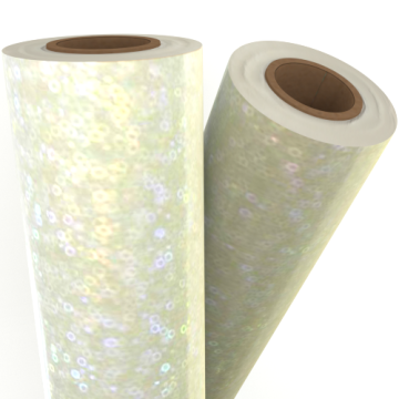 Two rolls of Bubbles Transparent Holographic 12" x 100' Laminating / Toner Fusing Foil with a shimmering, iridescent finish.