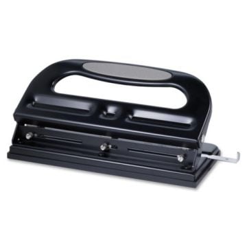 A black "Business Source Manual 3-Hole Punch" with a sturdy handle and adjustable paper guides, designed for precise and efficient punching of three holes in documents.