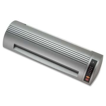 A Business Source Professional 12 Inch Document Laminator with a sleek silver design and control buttons on the right side.