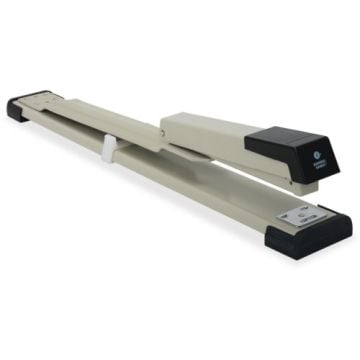 Business Source Putty/Black 20-Sheet Long Reach Stapler on a white background, designed for stapling large documents with ease.
