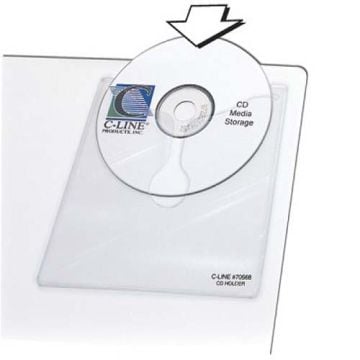 A C-Line 5 1/3" x 5 2/3" Self-Adhesive CD Holder with a transparent pocket for securely storing CDs or DVDs.