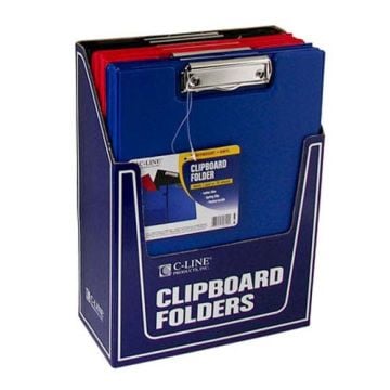 A display box containing several colorful clipboard folders, including a Cardinal Black Sealed Vinyl Clip Folder with Pad.