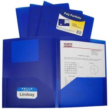 A set of C-Line Blue Two-Pocket Heavyweight Poly Portfolios displayed open, revealing interior pockets designed to securely hold documents, with a label slot on the front cover for easy customization.