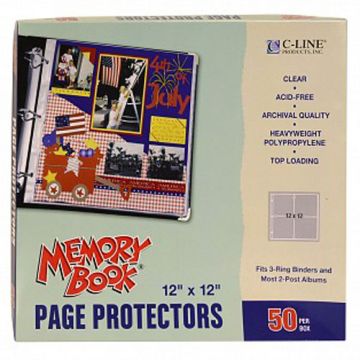 Box of C-Line Clear Memory Book Page Protectors, 12" x 12", showing archival quality, acid-free, heavyweight polypropylene, and fits 3-ring binders or 2-post albums.