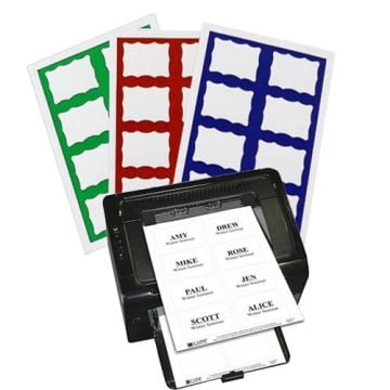 C-Line Pressure Sensitive Printer Name Badges with Border are shown with multiple sheets of name badges in green, red, and blue, and a printer with a set of printed name badges featuring black text on a white background.