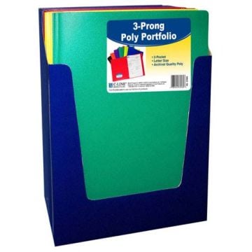 A C-Line Two-Pocket Heavyweight Poly Assorted Folder with Prongs displayed in a vertical storage box, featuring multiple vibrant colors and a label highlighting its durable poly material, letter-size compatibility, and built-in three-prong fasteners for s