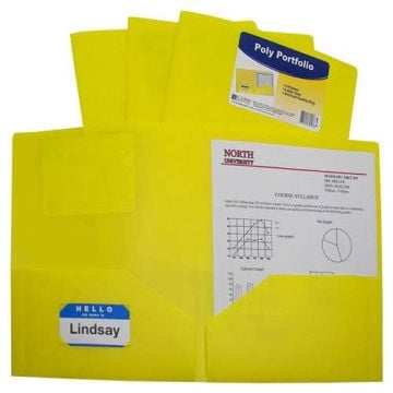 A set of C-Line Yellow Two-Pocket Heavyweight Poly Portfolios is displayed, featuring a durable plastic construction with two interior pockets for organizing documents, a clear business card slot, and a vibrant yellow color for easy identification.